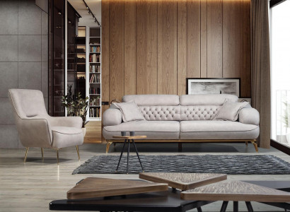 Sofa 3 Seater + Armchair Set Design Sofa Textile Armchair Living Room New